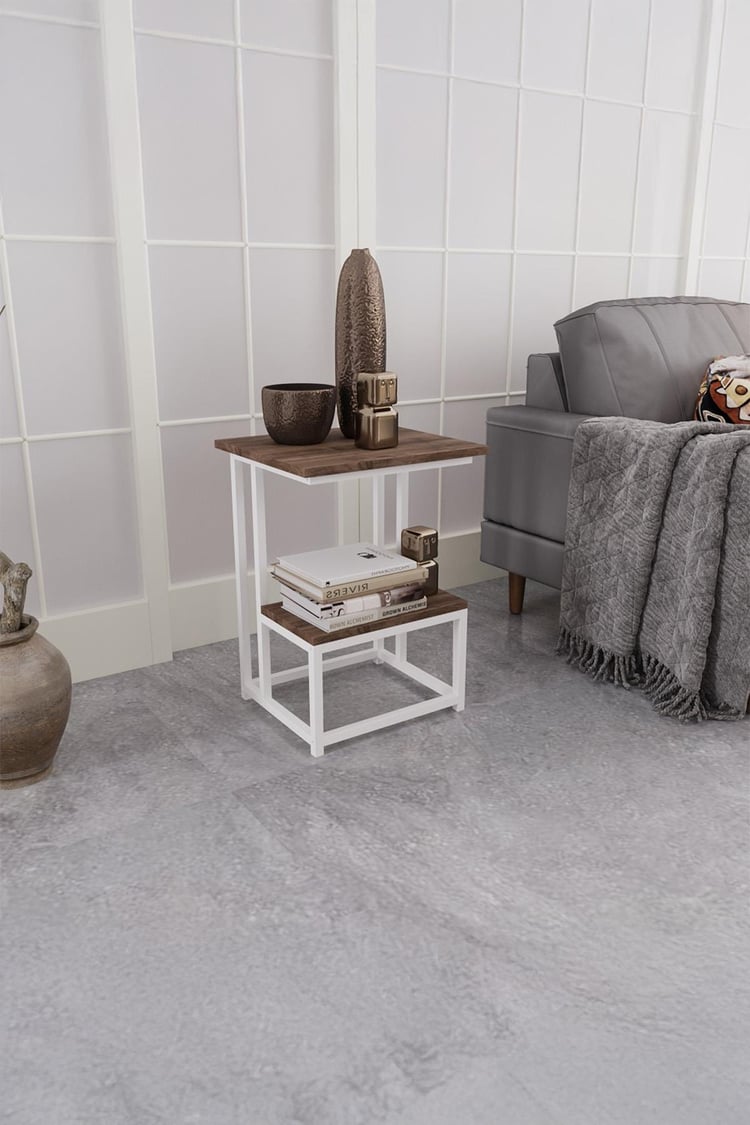 Deconode Authentic 2 Katlı Yan Sehpa Beyaz-Kahverengi DN1040BK