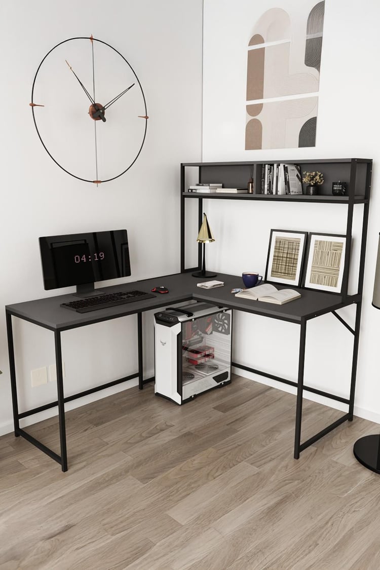 Deconode Cornermaster Raflı L Köşe Çalışma Masası Siyah-Antrasit DN1151SA