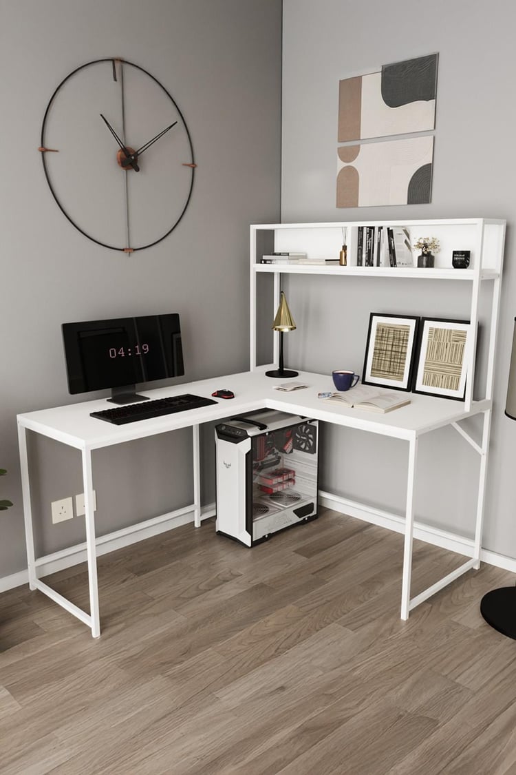 Deconode Cornermaster Raflı L Köşe Çalışma Masası Beyaz-Beyaz DN1151BB
