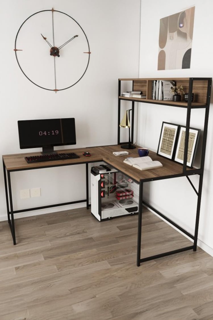 Deconode Cornermaster Raflı L Köşe Çalışma Masası Siyah-Kahverengi DN1151SK