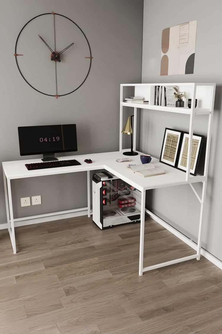 Deconode Cornermaster Raflı L Köşe Çalışma Masası Beyaz-Beyaz DN1151BB