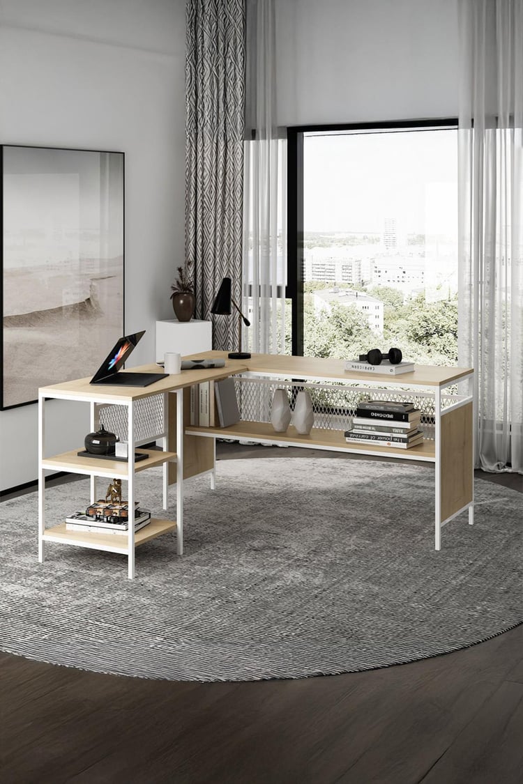 Deconode Deluxe Köşe Çalışma Masası  Beyaz-Çam DN1122BÇ