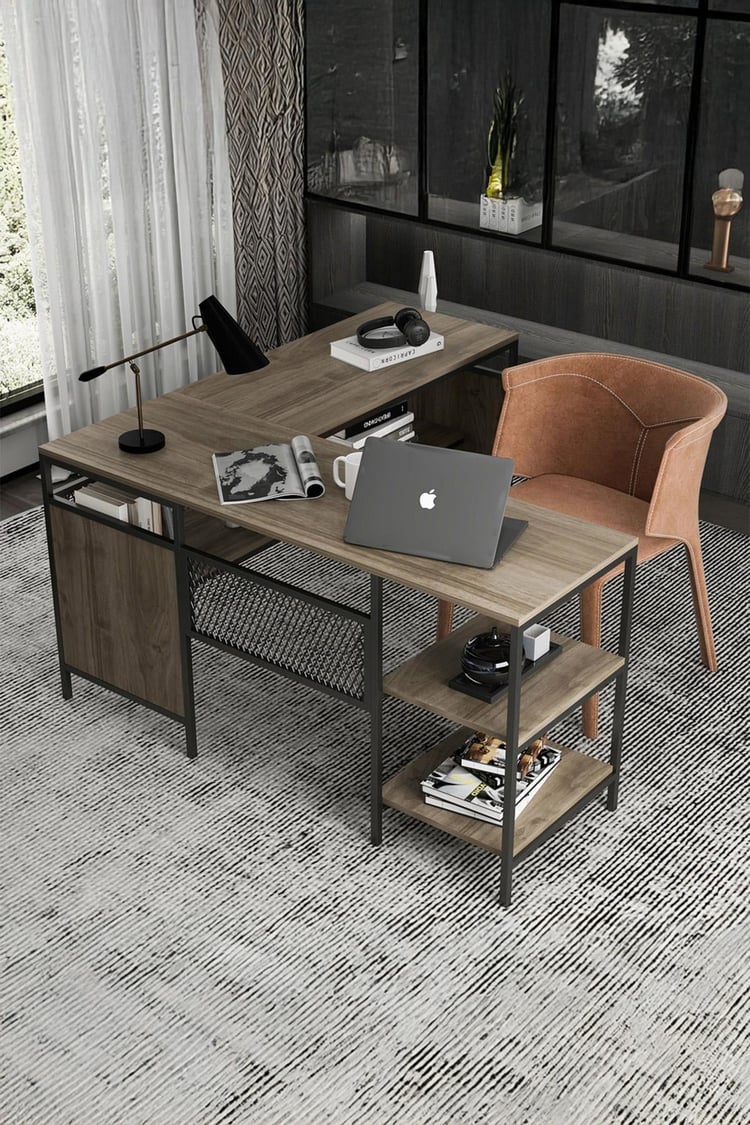 Deconode Deluxe Köşe Çalışma Masası  Siyah-Kahverengi DN1122SK