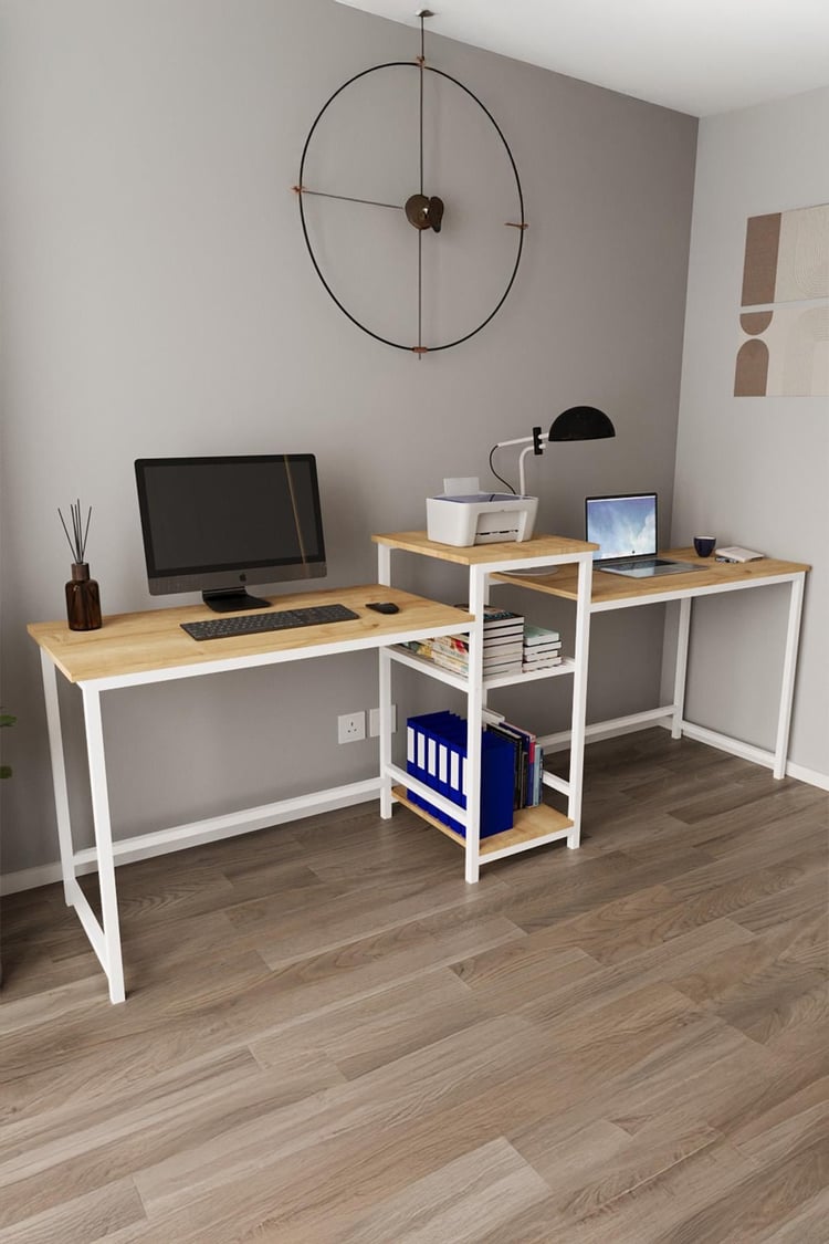 Deconode Duodesk 2 Kişilik Çalışma Masası Beyaz-Çam DN1144BÇ