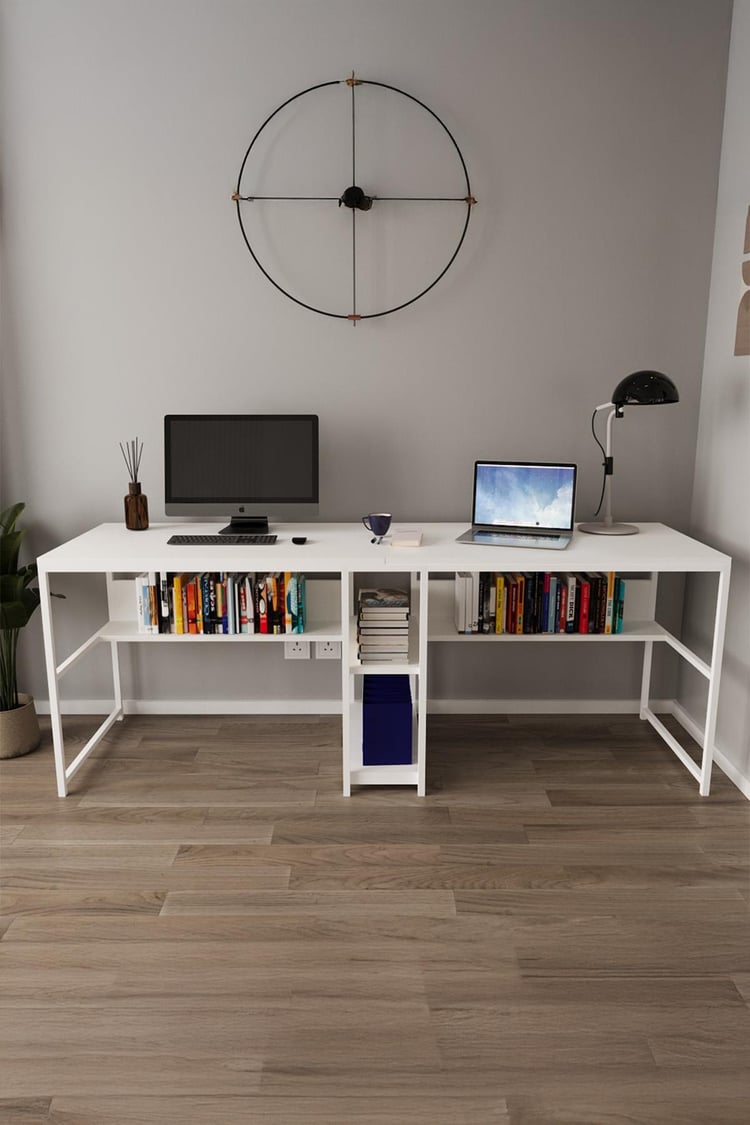 Deconode Fusion Çift Kişilik Raflı Çalışma Masası Beyaz- Beyaz DN1148BB