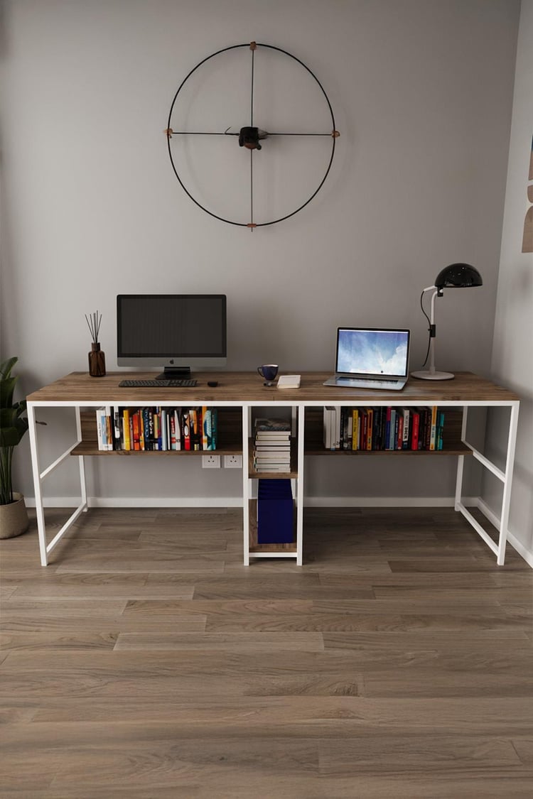 Deconode Fusion Çift Kişilik Raflı Çalışma Masası Beyaz-Kahverengi DN1148BK