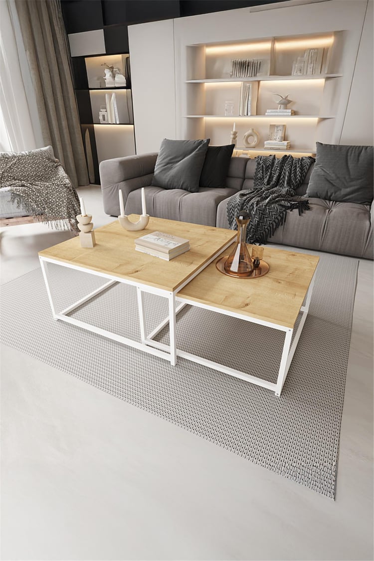 Deconode Prestige 2'li Orta Sehpa Seti Beyaz-Çam DN1116BÇ