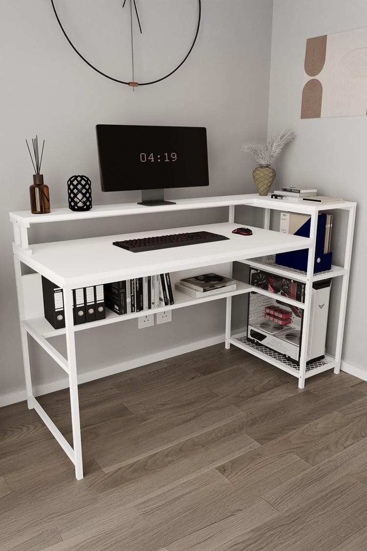 Deconode Proline Monitör Raflı Bilgisayar Masası Beyaz-Beyaz DN1150BB