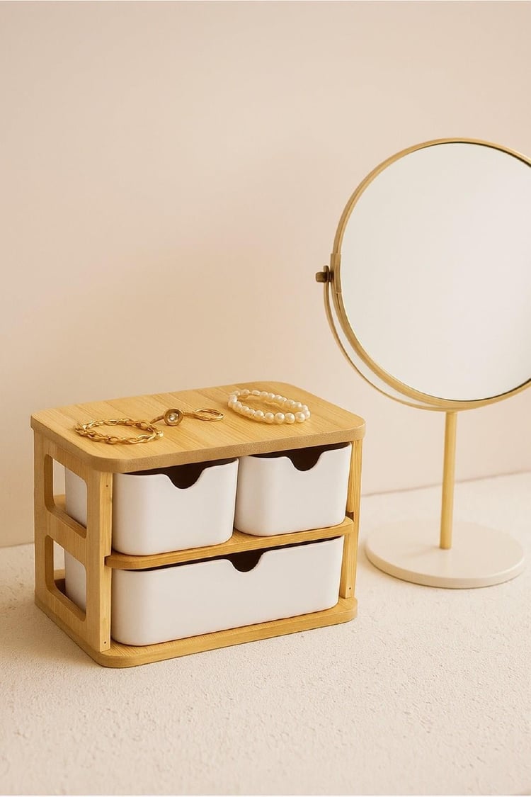 Doğal Bambu Çok Amaçlı  3 Gözlü Çekmeceli Organizer BR-6711
