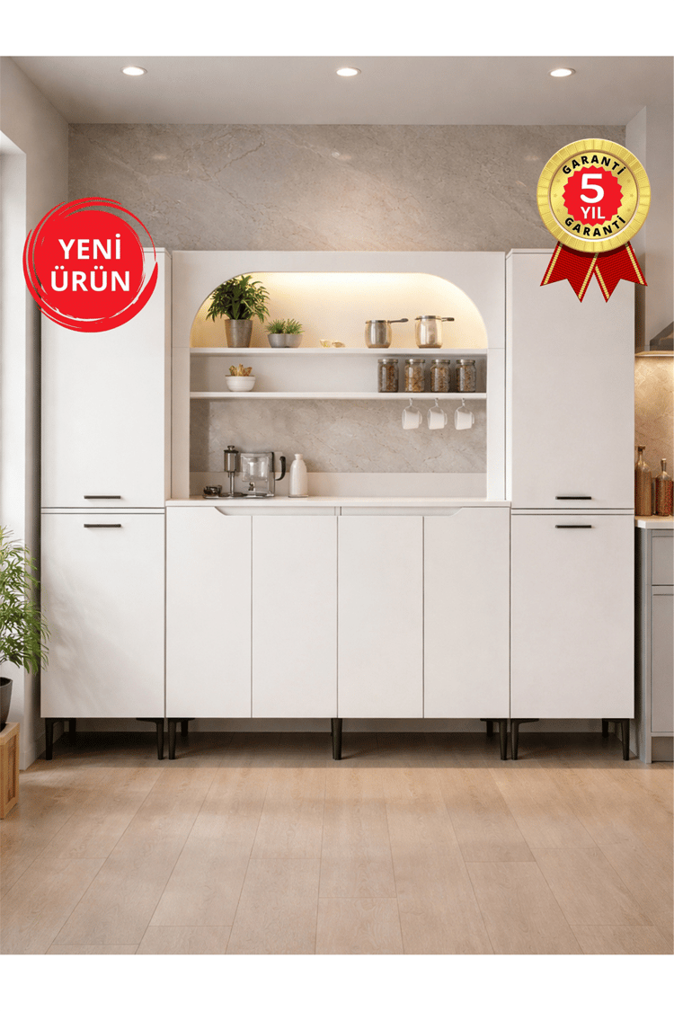 Dorpek Melinta 4 Kapaklı LED'li Mutfak Dolabı & 2*Singa Sepetli Çok Amaçlı Dolap Beyaz