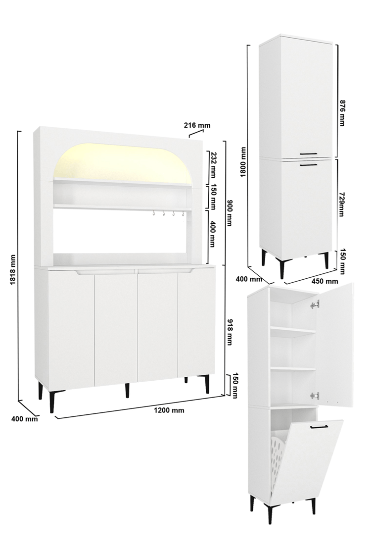 Dorpek Melinta 4 Kapaklı LED'li Mutfak Dolabı & 2*Singa Sepetli Çok Amaçlı Dolap Beyaz