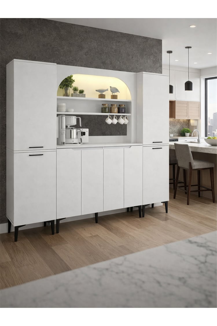 Dorpek Melinta 4 Kapaklı LED'li Mutfak Dolabı & 2*Singa Sepetli Çok Amaçlı Dolap Beyaz