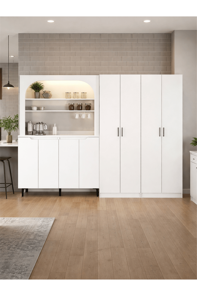 Dorpek Melinta 4 Kapaklı LED'li Mutfak Dolabı & Tuco 2*2 Kapaklı 5 Raflı Çok Amaçlı Dolap Kahve Köşesi