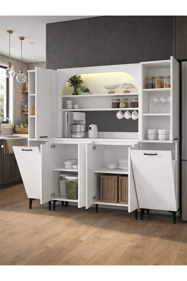 Dorpek Melinta 4 Kapaklı LED'li Mutfak Dolabı & 2*Singa Sepetli Çok Amaçlı Dolap Beyaz