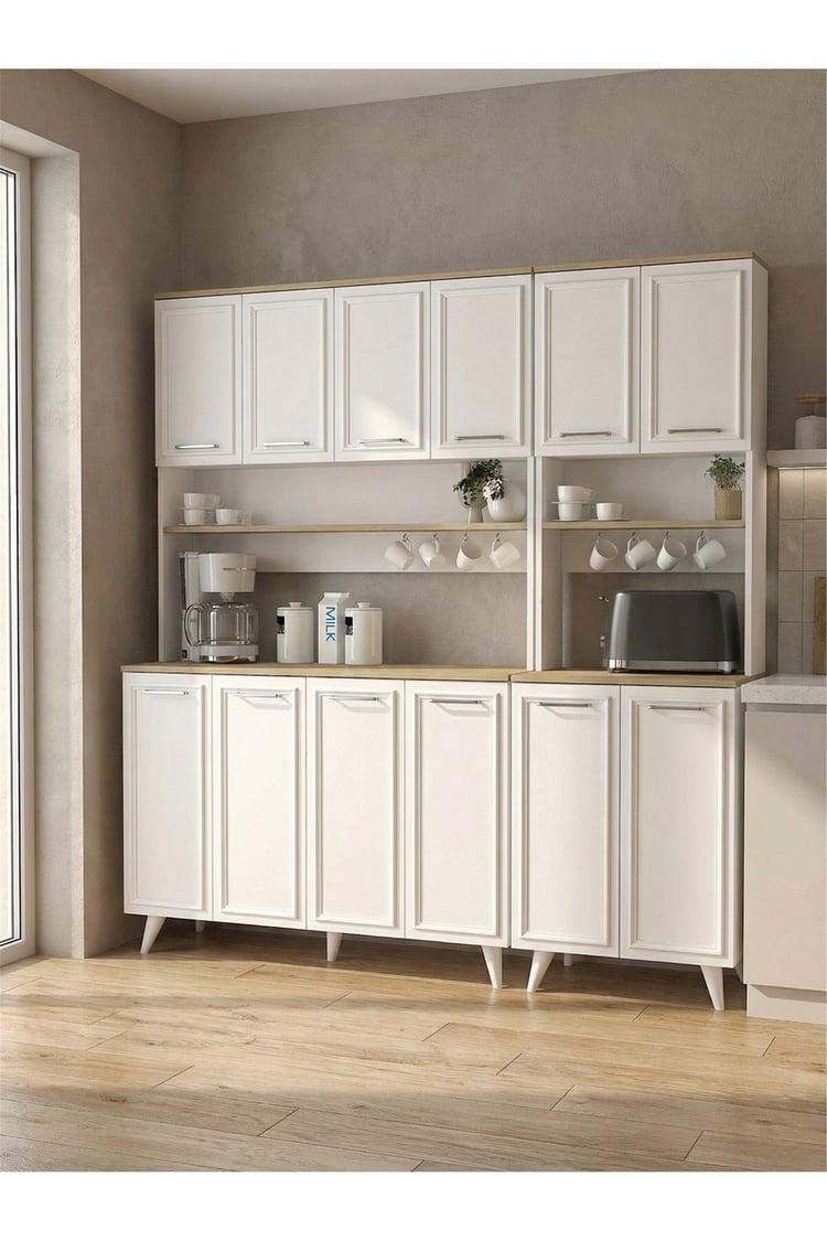 Dorpek Potter 4 Kapaklı Mutfak Dolabı & Potter 2 Kapaklı Kahve Köşesi, Çok Amaçlı Dolap - Beyaz 180 cm