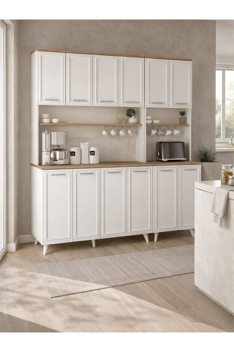 Dorpek Potter 4 Kapaklı Mutfak Dolabı & Potter 2 Kapaklı Kahve Köşesi, Çok Amaçlı Dolap - Beyaz 180 cm