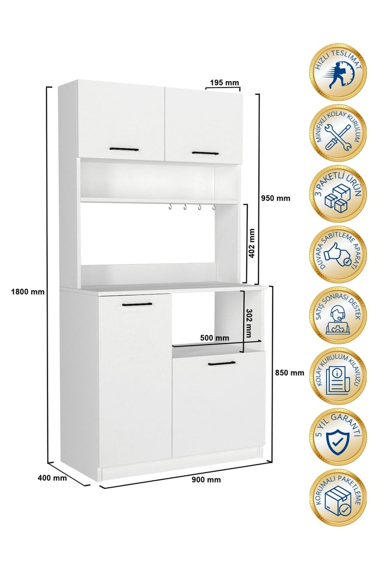 Dorpek Tuco 2 Çok Amaçlı Mutfak Dolabı & Mikrodalga Fırın Dolabı & Banyo Dolabı 180x90 Cm Beyaz