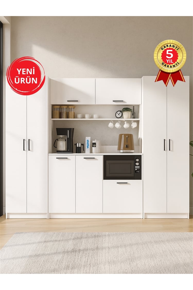 Dorpek Tuco 3 Kapakli Mutfak Dolabı & Tuco 2*2 Kapaklı 2*5 Rafli Çok Amaçlı Dolap Kahve Köşesi Beyaz