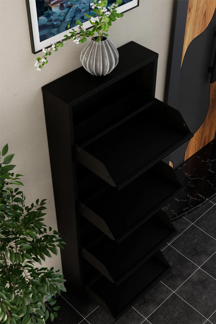 Evdemo 4 Kapaklı Metal Ayakkabılık Siyah