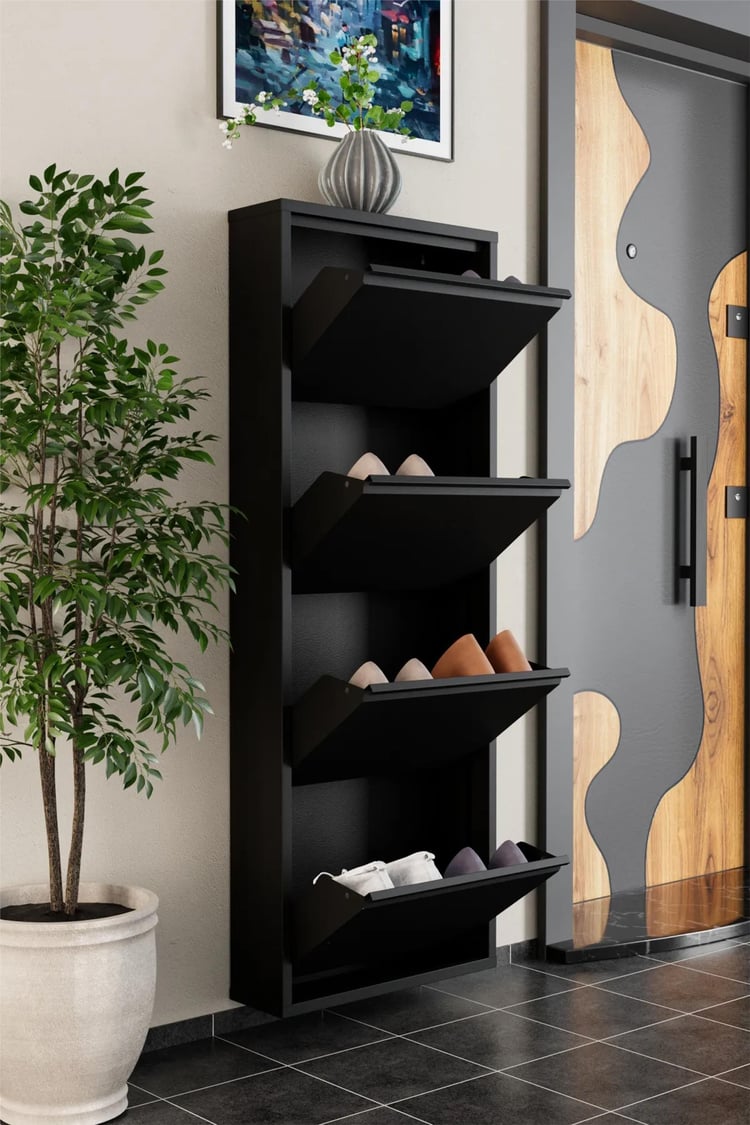 Evdemo 4 Kapaklı Metal Ayakkabılık Siyah