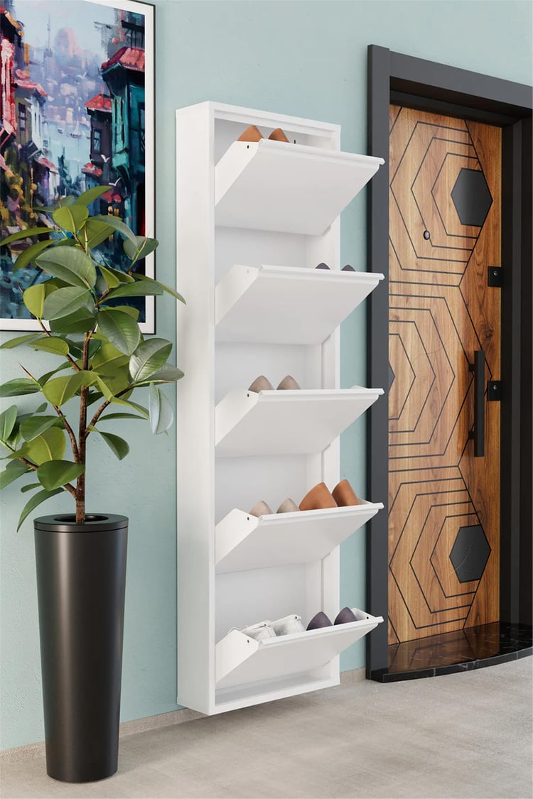 Evdemo 5 Kapaklı Metal Ayakkabılık Beyaz