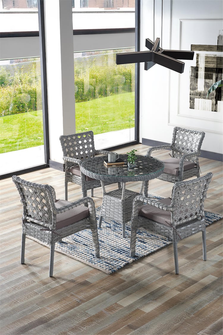 Evdemo Ayaz 4 Kişilik Rattan Bahçe Balkon Mutfak Masa Takımı Açık Gri