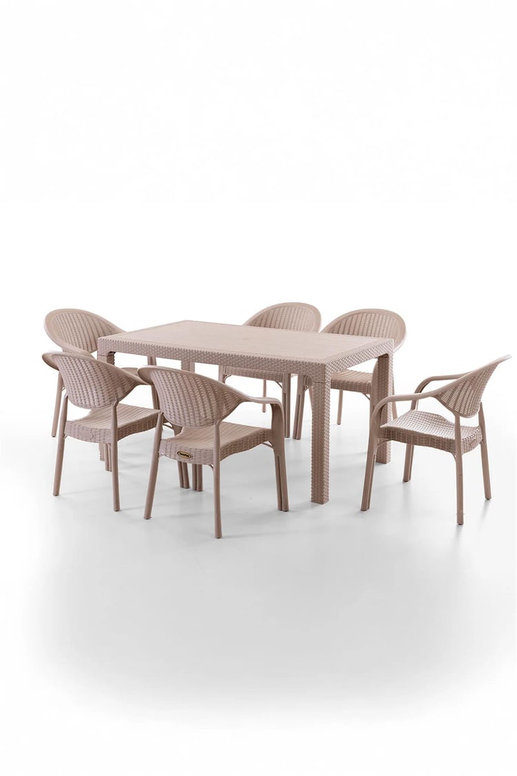 Evdemo Bamboo 6 Kişilik Rattan Masa Sandalye Takımı Cappuccino
