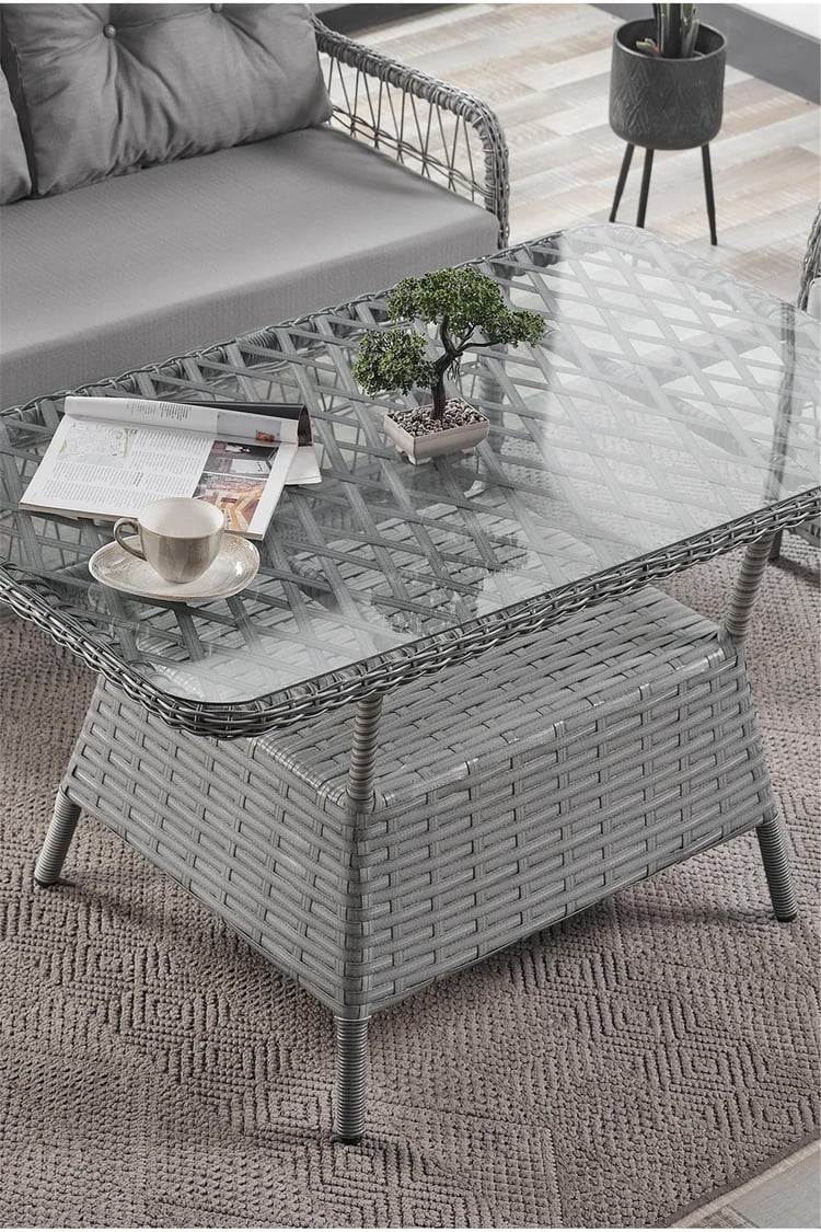 Evdemo Breda Rattan Örgü Bahçe Balkon Takımı 2+1+1 Cam Masalı Gri