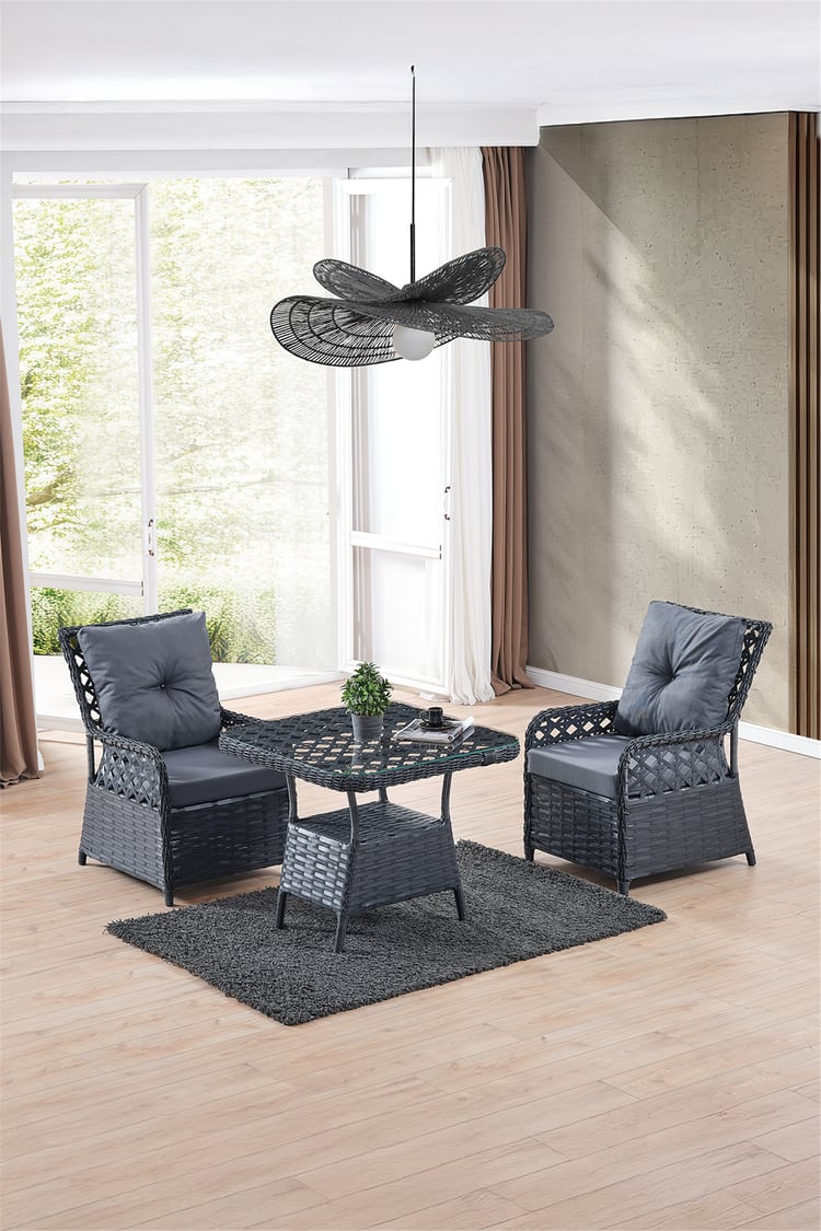 Evdemo Duru 2 Kişilik Rattan Bahçe Balkon Mutfak Masa Takımı Antrasit