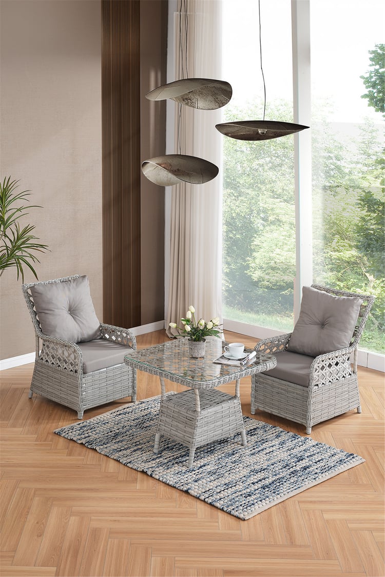 Evdemo Duru 2 Kişilik Rattan Bahçe Balkon Mutfak Masa Takımı Gri