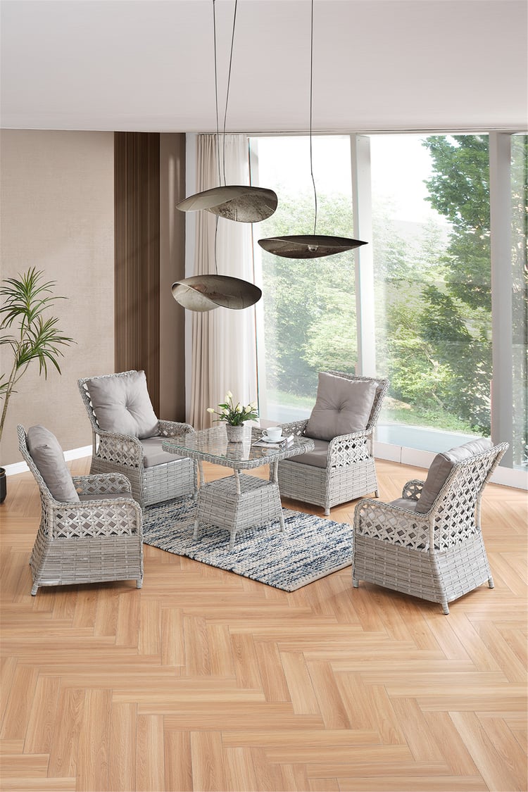 Evdemo Duru 4 Kişilik Rattan Bahçe Balkon Mutfak Masa Takımı Gri