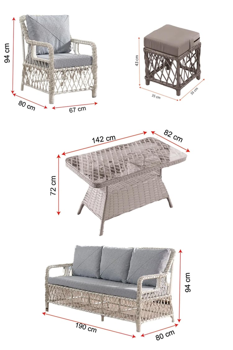 Evdemo Edra Rattan Puflu Bahçe Balkon Takımı 3+1+1+Camı Masa Kemik Rengi