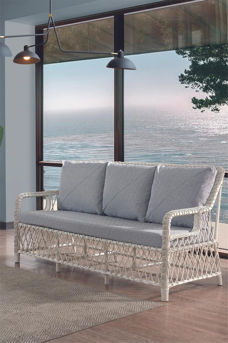 Evdemo Edra Rattan Puflu Bahçe Balkon Takımı 3+1+1+Camı Masa Kemik Rengi