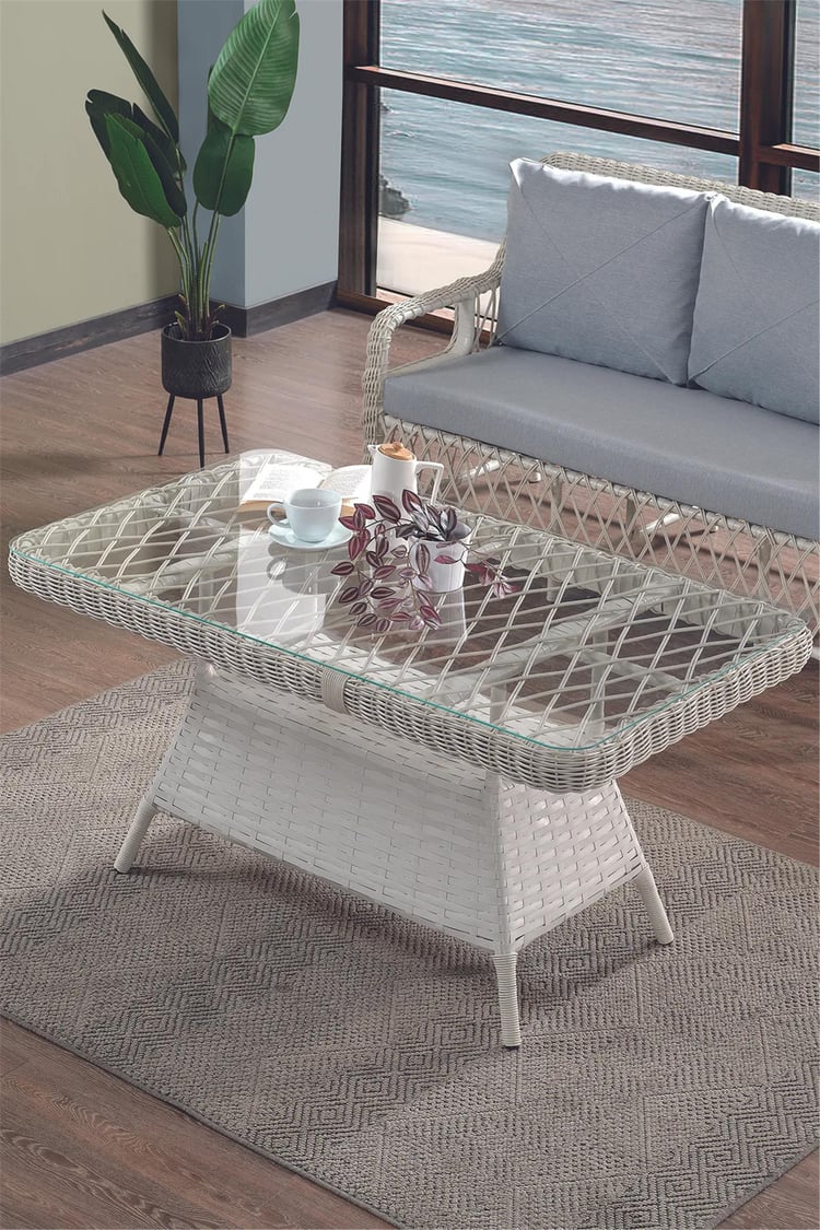 Evdemo Edra Rattan Puflu Bahçe Balkon Takımı 3+1+1+Camı Masa Kemik Rengi