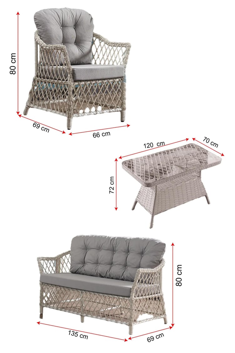 Evdemo Icon Rattan Bahçe Balkon Oturma Takımı 2+1+1+Camlı Masa Kemik Rengi
