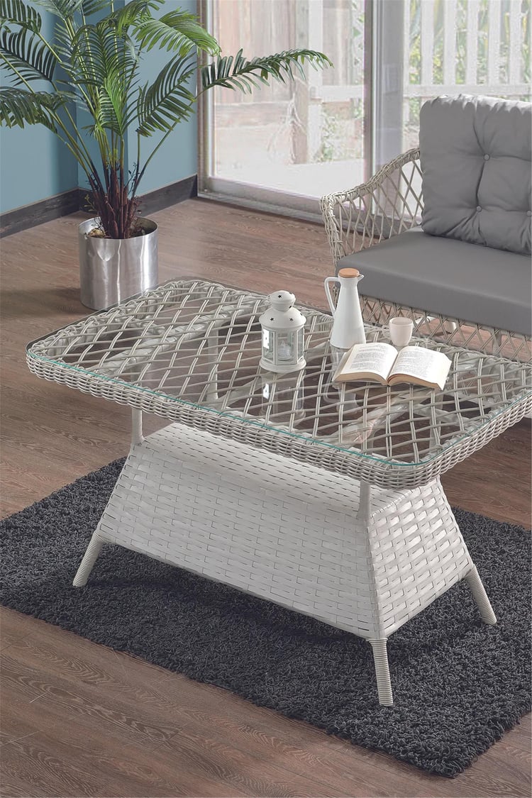 Evdemo Icon Rattan Bahçe Balkon Oturma Takımı 2+1+1+Camlı Masa Kemik Rengi