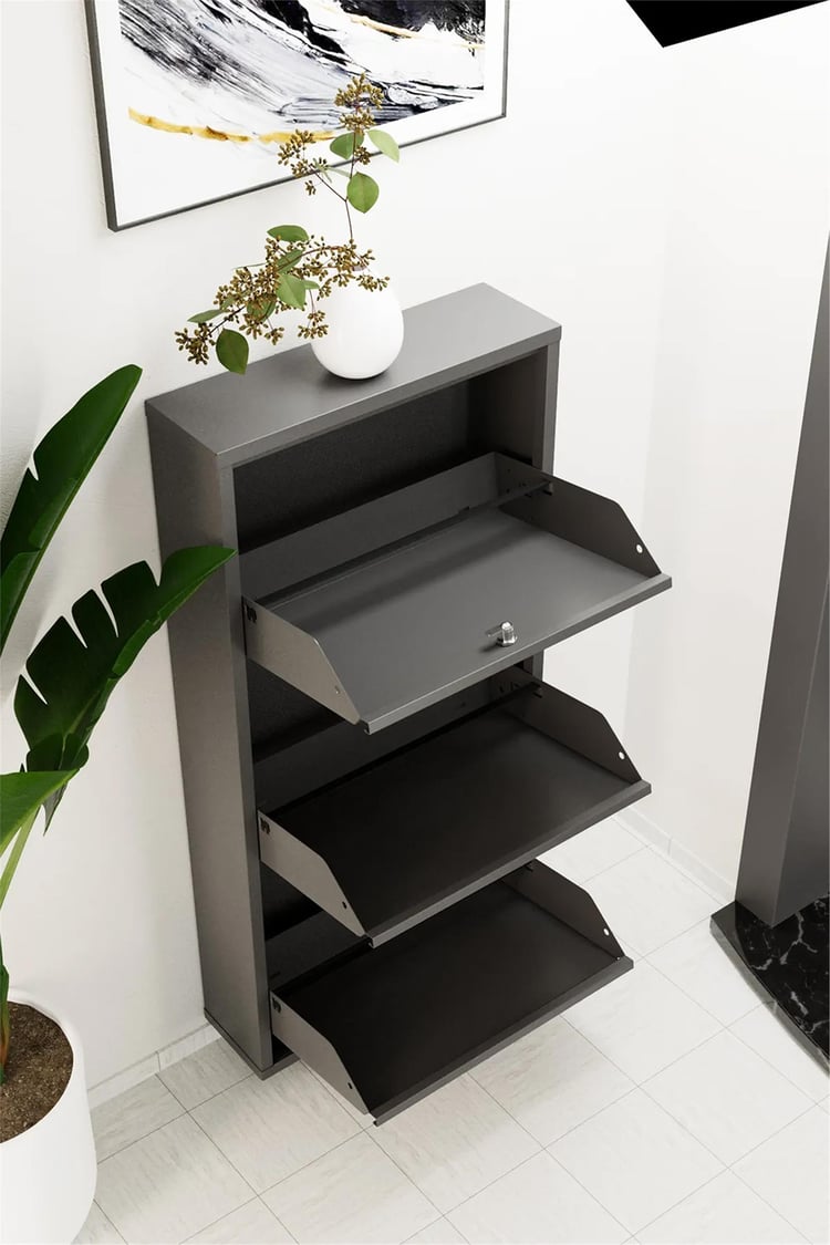 Evdemo Kilitli 3 Kapaklı Metal Ayakkabılık Antrasit