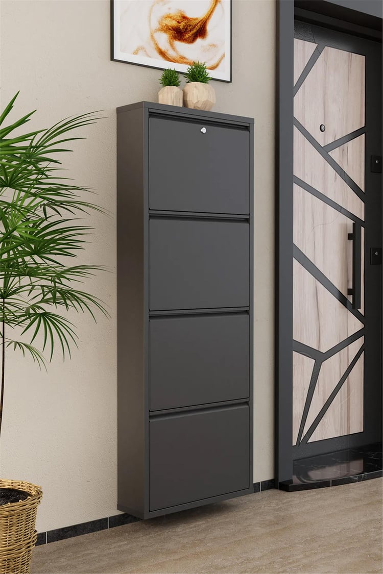 Evdemo Kilitli 4 Kapaklı Metal Ayakkabılık Antrasit