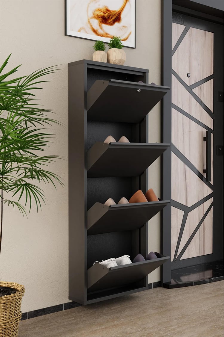 Evdemo Kilitli 4 Kapaklı Metal Ayakkabılık Antrasit