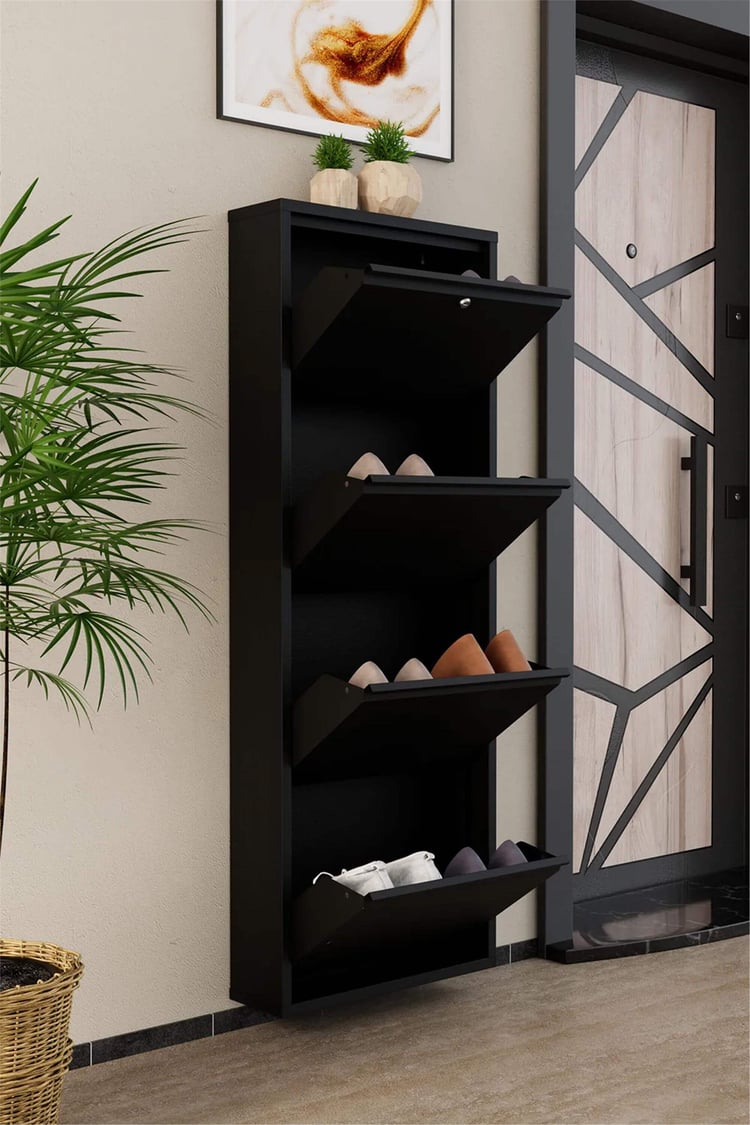 Evdemo Kilitli 4 Kapaklı Metal Ayakkabılık Siyah