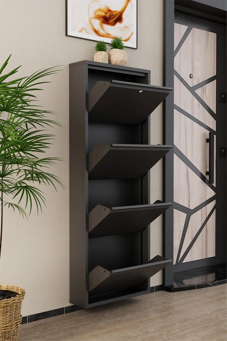 Evdemo Kilitli 4 Kapaklı Metal Ayakkabılık Antrasit