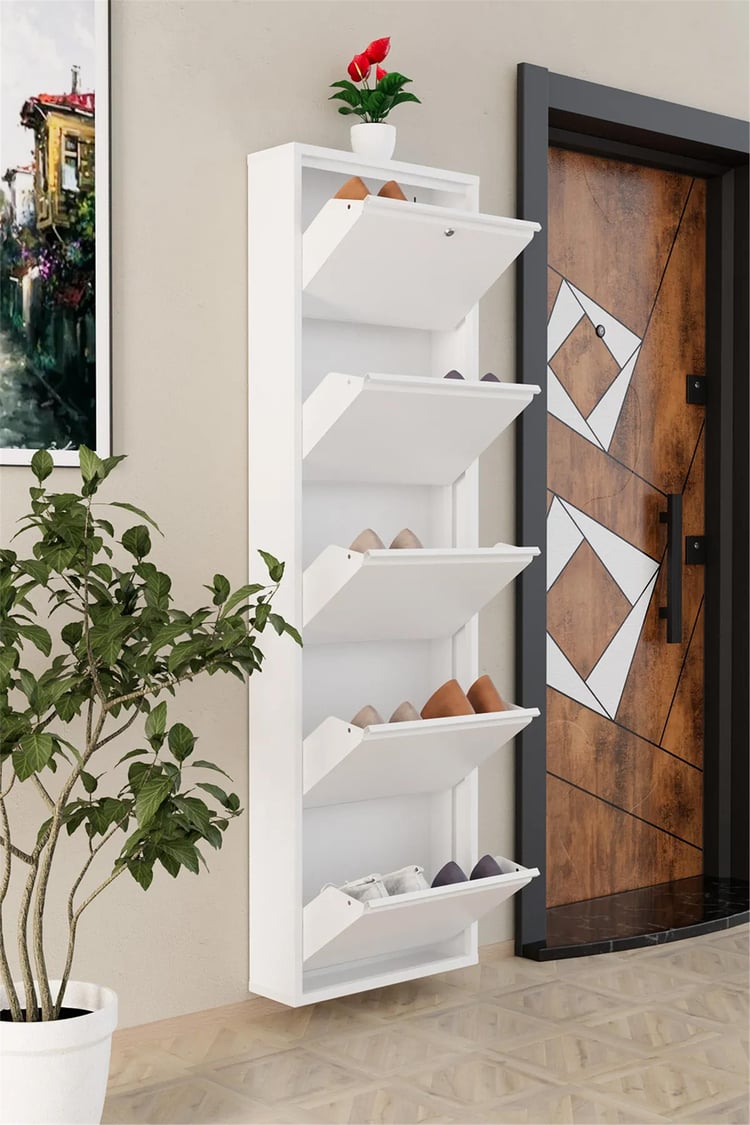 Evdemo Kilitli 5 Kapaklı Metal Ayakkabılık Beyaz