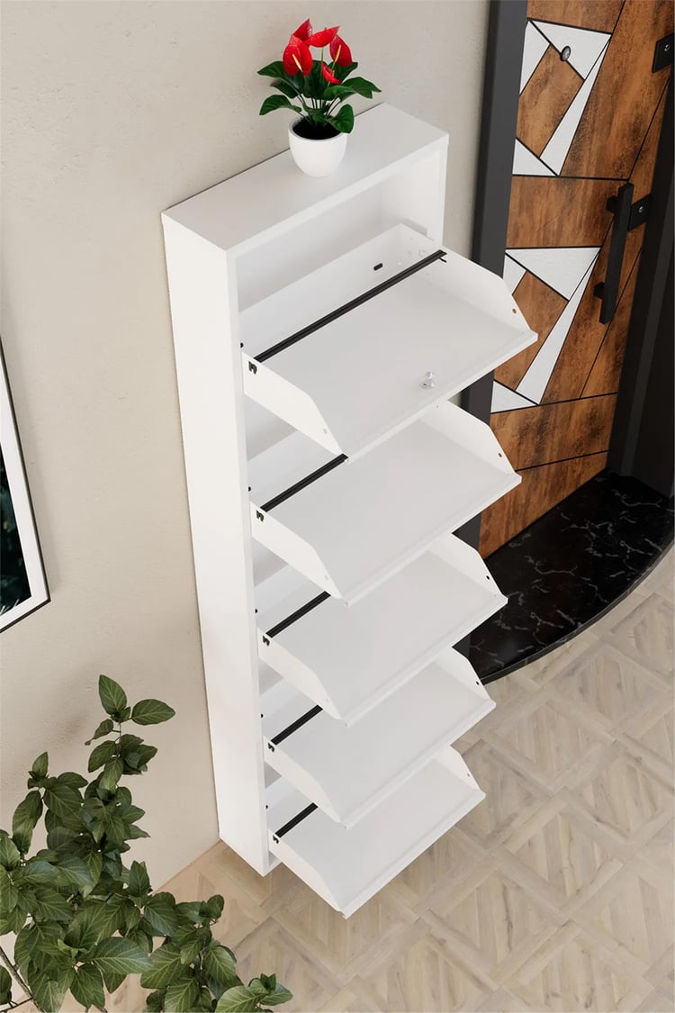 Evdemo Kilitli 5 Kapaklı Metal Ayakkabılık Beyaz