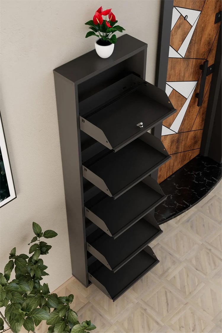 Evdemo Kilitli 5 Kapaklı Metal Ayakkabılık Antrasit