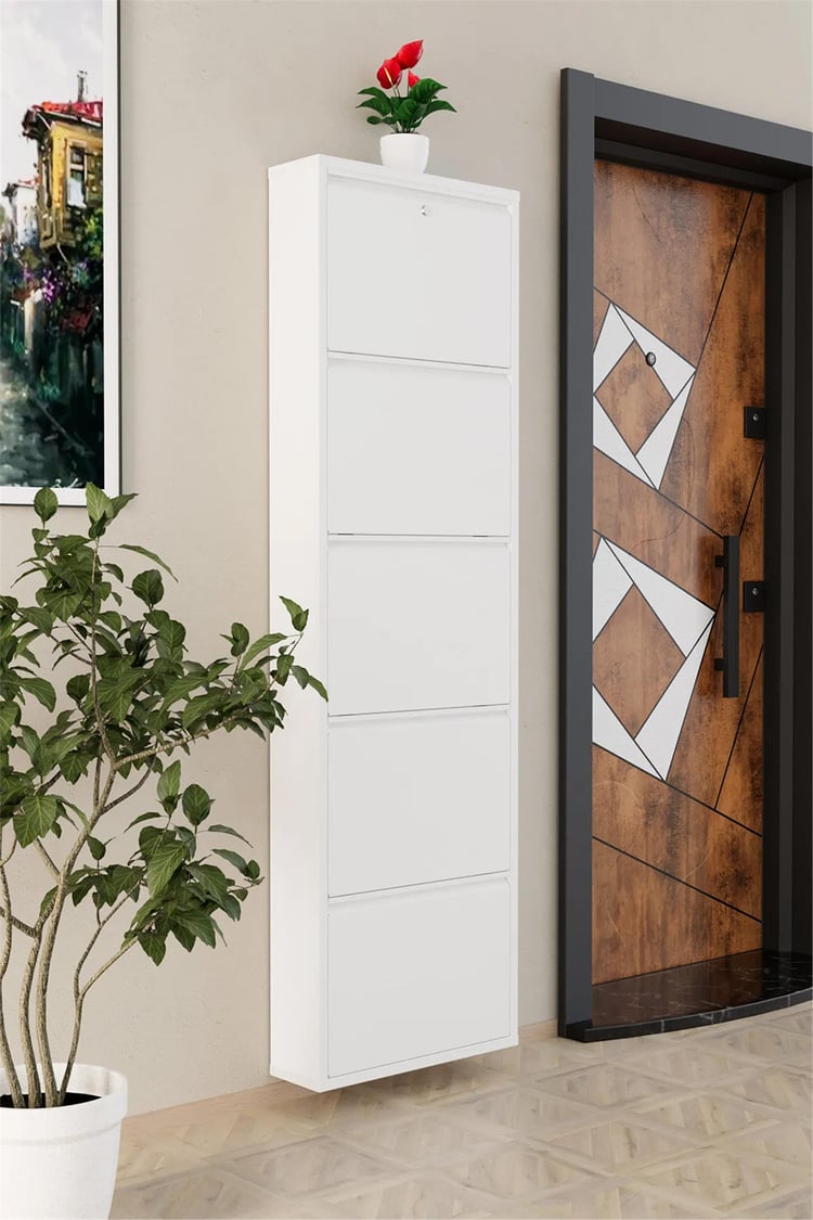 Evdemo Kilitli 5 Kapaklı Metal Ayakkabılık Beyaz