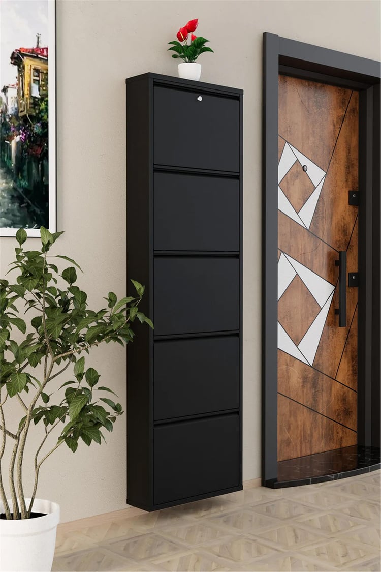 Evdemo Kilitli 5 Kapaklı Metal Ayakkabılık Siyah