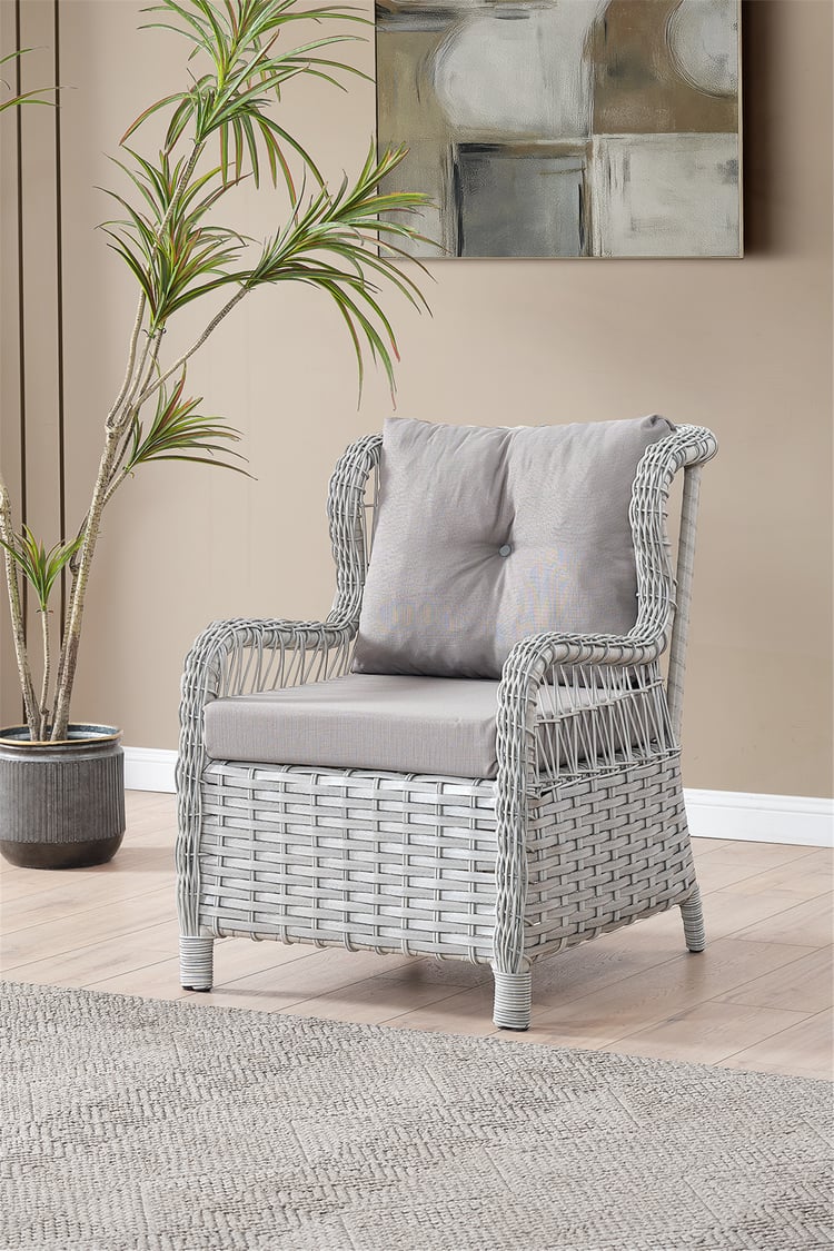 Evdemo Paris Rattan Puflu Bahçe Balkon Takımı 3+1+1 Cam Masalı Gri