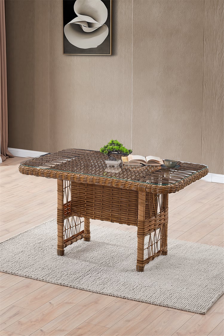 Evdemo Paris Rattan Puflu Bahçe Balkon Takımı 3+1+1 Cam Masalı Kahve