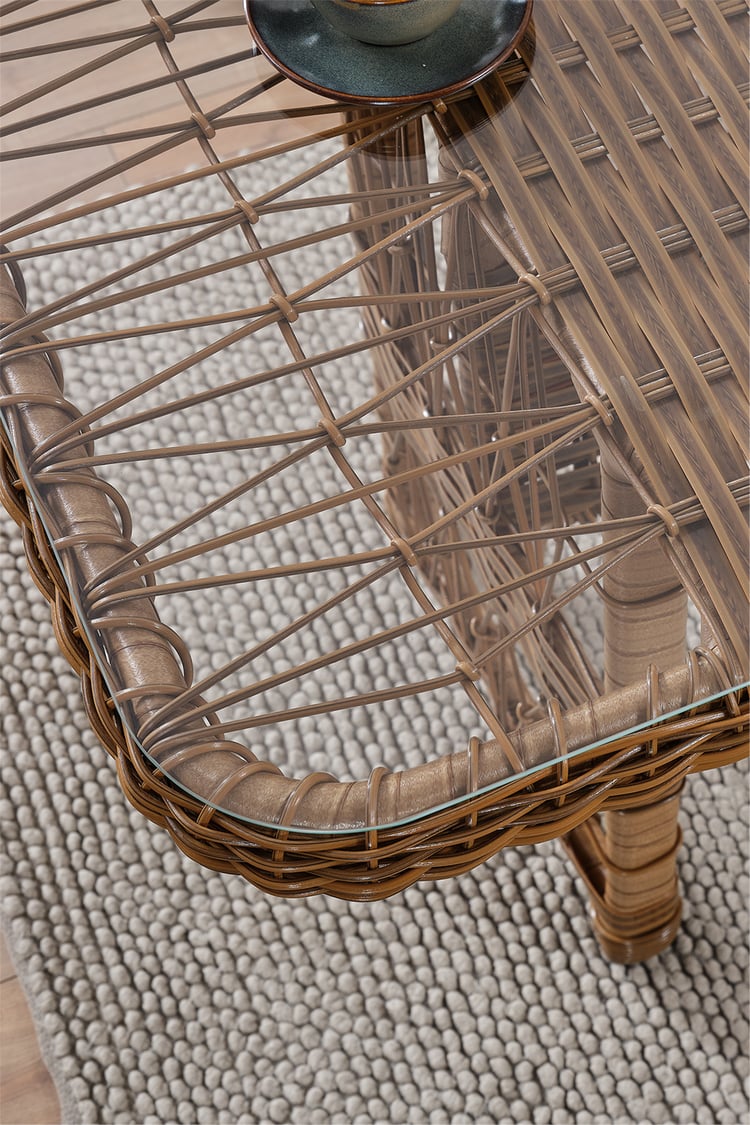 Evdemo Paris Rattan Puflu Bahçe Balkon Takımı 3+1+1 Cam Masalı Kahve