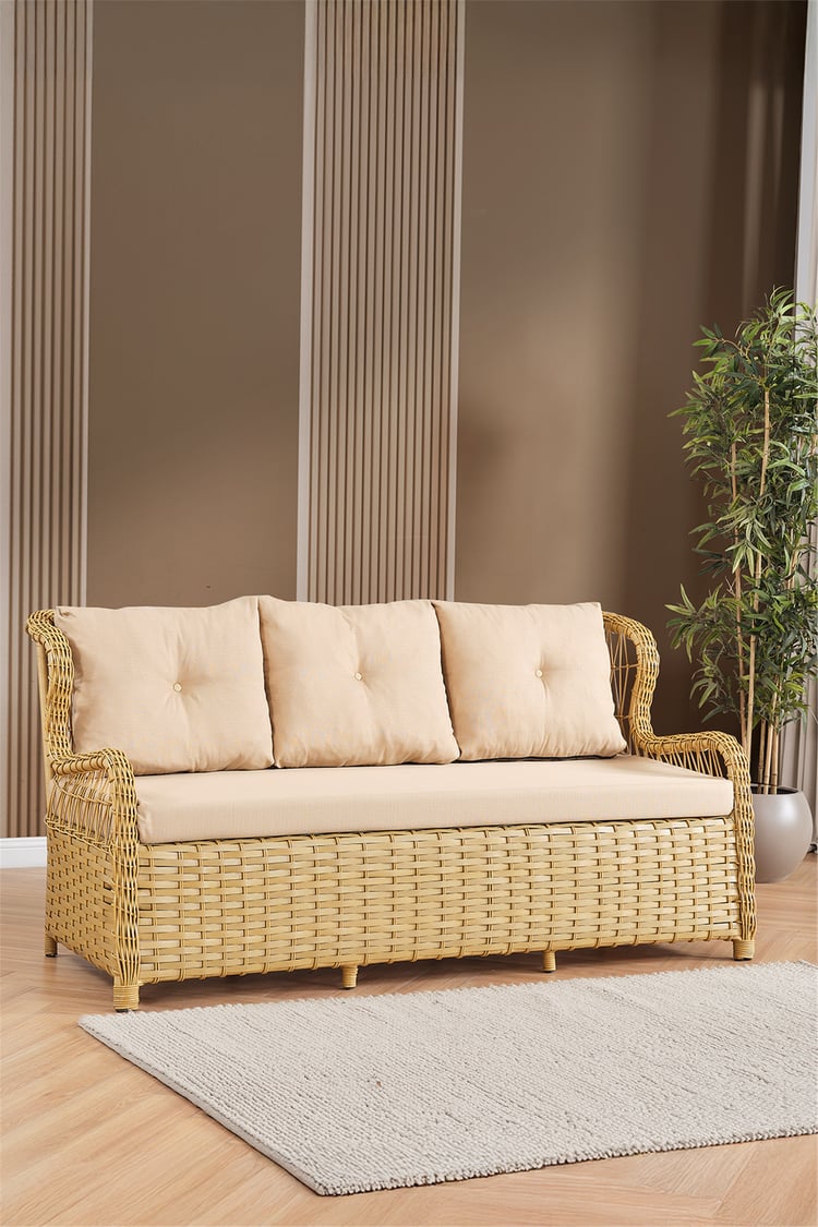 Evdemo Paris Rattan Puflu Bahçe Balkon Takımı 3+1+1 Cam Masalı Cappuccino